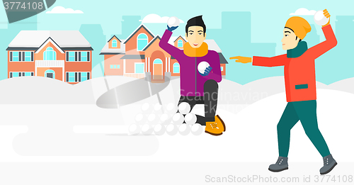 Image of Men playing in snowballs.