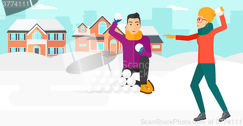 Image of Couple playing in snowballs.