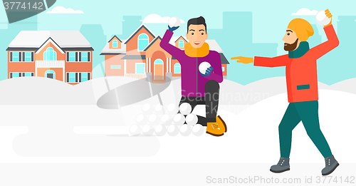 Image of Men playing in snowballs.