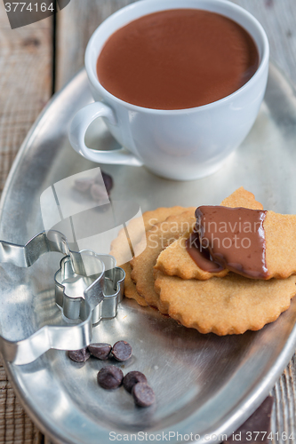 Image of Cookies and hot chocolate. View from above.