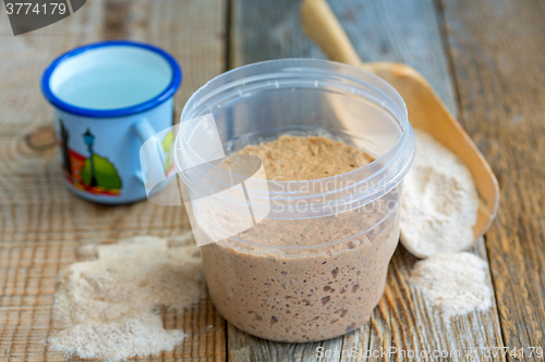 Image of Rye sourdough, flour and a cup.