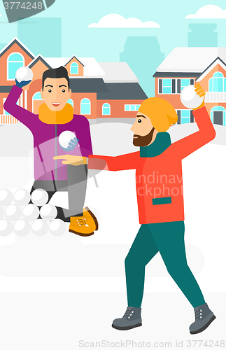 Image of Men playing in snowballs.