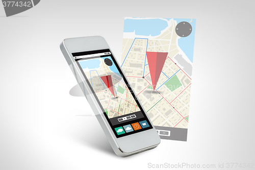 Image of white smarthphone with gps navigator map on screen