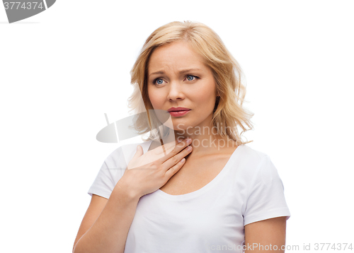 Image of unhappy woman suffering from throat pain