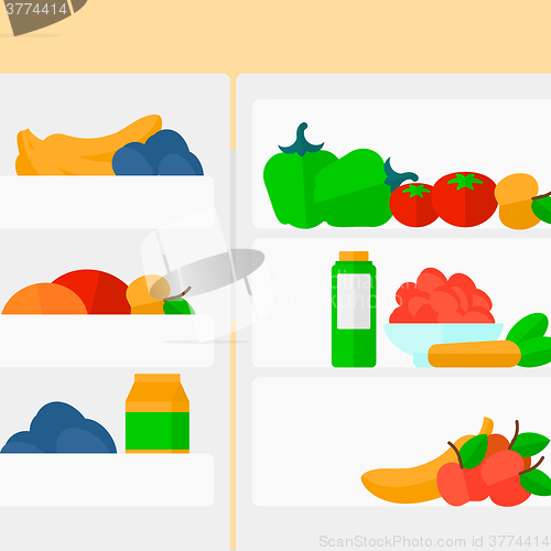 Image of Background of  refrigerator full of fruits and vegetables.