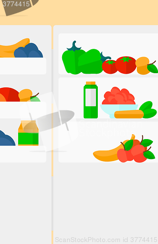 Image of Background of  refrigerator full of fruits and vegetables.