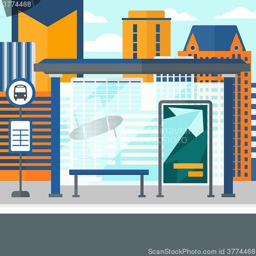 Image of Background of bus stop with skyscrapers behind.