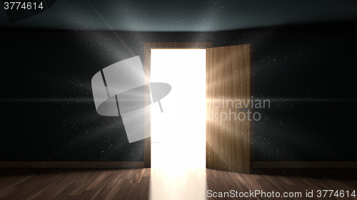 Image of Light and particles in a room through the opening door