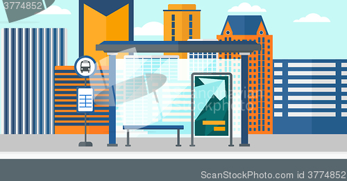 Image of Background of bus stop with skyscrapers behind.
