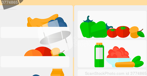 Image of Background of  refrigerator full of fruits and vegetables.