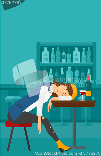 Image of Woman sleeping in bar. 