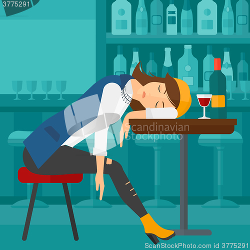 Image of Woman sleeping in bar. 