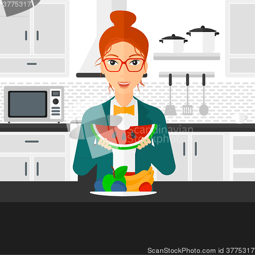 Image of Woman eating watermelon.