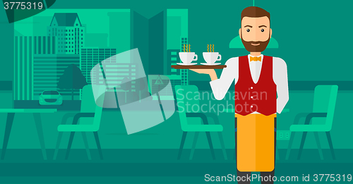 Image of Waiter holding tray with beverages.
