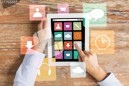 Image of close up of hands with applications on tablet pc