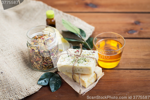 Image of close up of handmade soap bars on wood