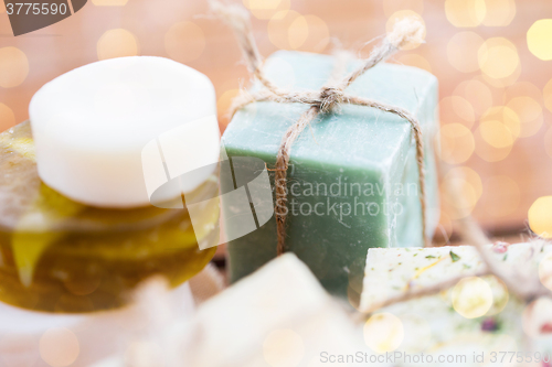 Image of close up of handmade soap bars on wood