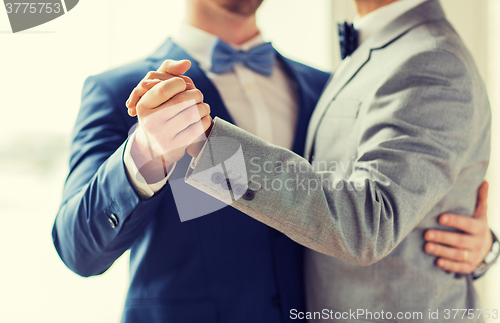 Image of close up of happy male gay couple dancing