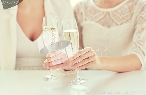 Image of close up of lesbian couple with champagne glasses