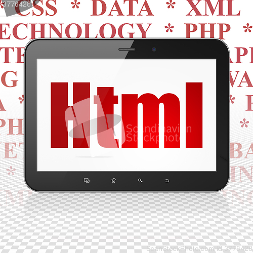 Image of Programming concept: Tablet Computer with Html on display