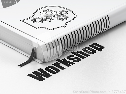 Image of Education concept: book Head With Gears, Workshop on white background
