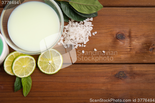 Image of close up of citrus body lotion in bowl on wood
