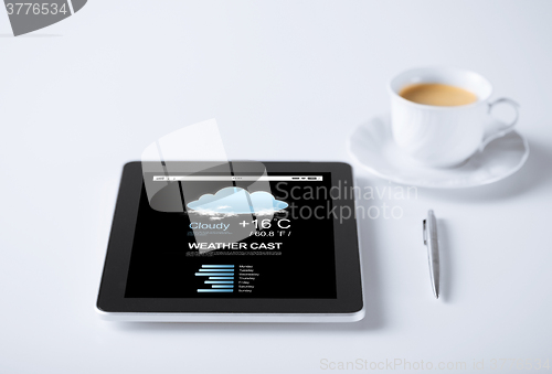 Image of tablet pc with weather forecast and cup of coffee