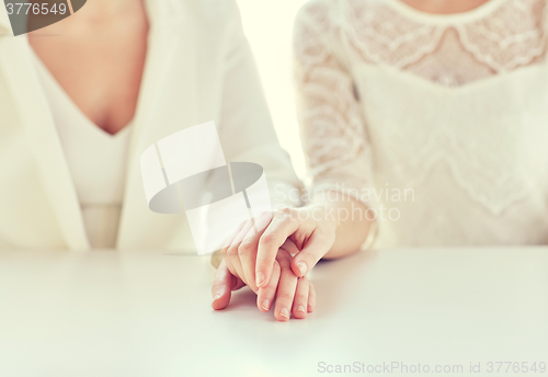 Image of close up of happy married lesbian couple hands