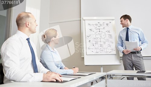 Image of group of smiling businesspeople meeting in office