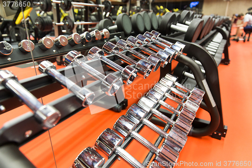 Image of close up of dumbbells and sports equipment in gym