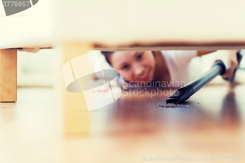 Image of close up of woman with vacuum cleaner at home