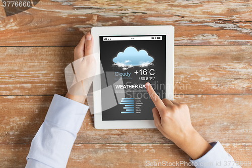Image of close up of hands with weather cast on tablet pc