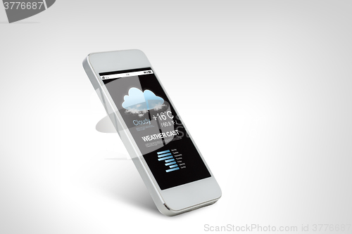 Image of white smarthphone with weather forecast on screen