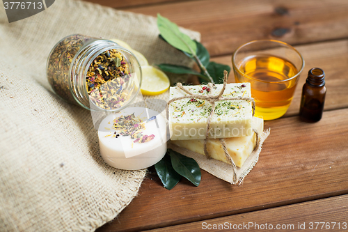 Image of close up of handmade soap bars on wood