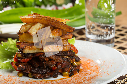 Image of fried potatoes with meat. 