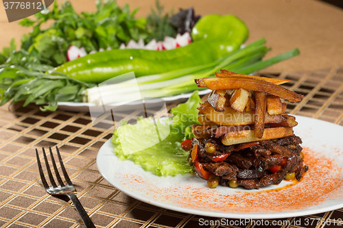 Image of fried potatoes with meat. 