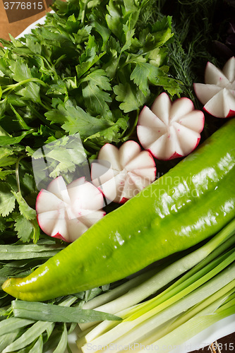 Image of All fresh vegetables in a large set of laid on the table,