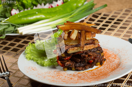 Image of fried potatoes with meat. 