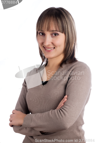 Image of Smiling brunette woman over white