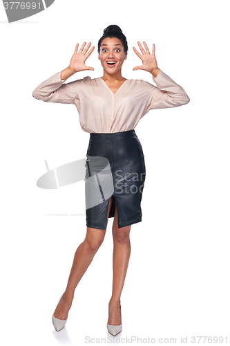 Image of Business woman giving fake greeting