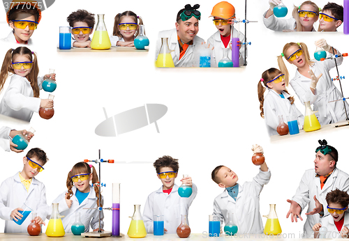 Image of The collage from images of boys and girls as chemist doing experiment 