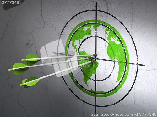 Image of Science concept: arrows in Globe target on wall background