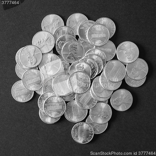 Image of Black and white Dollar coins 1 cent wheat penny