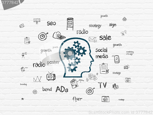 Image of Advertising concept: Head With Gears on wall background