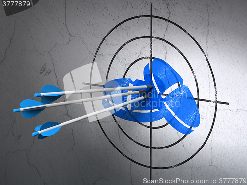 Image of Medicine concept: arrows in Pills target on wall background