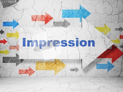 Image of Advertising concept: arrow with Impression on grunge wall background