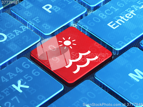 Image of Travel concept: Beach on computer keyboard background