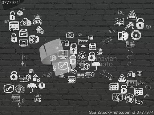 Image of Grunge background: Black Brick wall texture with Painted Hand Drawn Security Icons
