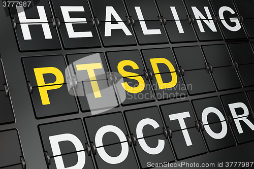 Image of Medicine concept: PTSD on airport board background