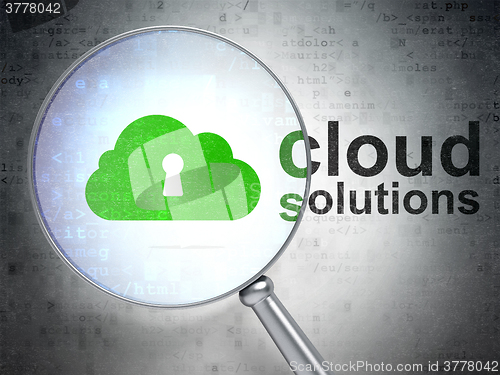 Image of Cloud computing concept: Cloud With Keyhole and Cloud Solutions with optical glass